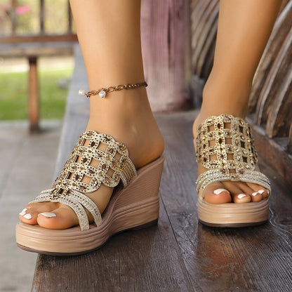 NEW Casual Patchwork Rhinestone Fish Mouth Comfortable Out Door Wedges Shoes (Heel Height 3.15in)