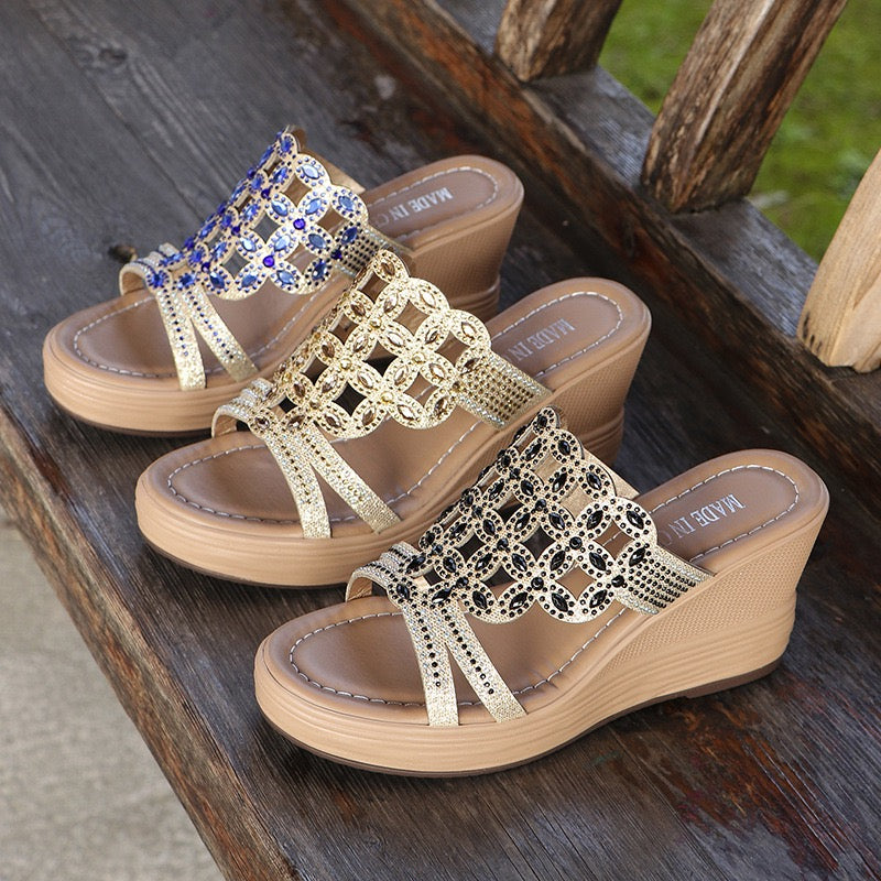 NEW Casual Patchwork Rhinestone Fish Mouth Comfortable Out Door Wedges Shoes (Heel Height 3.15in)